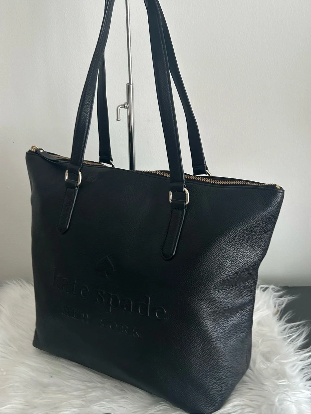 Kate Spade Black Pebbled Leather Zip Top Tote Shoulder Bag Work Laptop